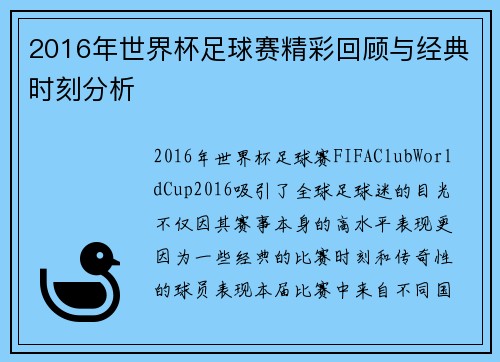 2016年世界杯足球赛精彩回顾与经典时刻分析