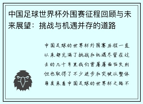 中国足球世界杯外围赛征程回顾与未来展望：挑战与机遇并存的道路